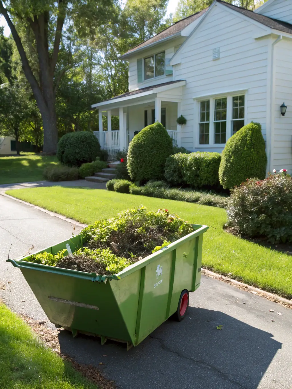 Image of a home with a dumpster in the driveway being filled with various household items.