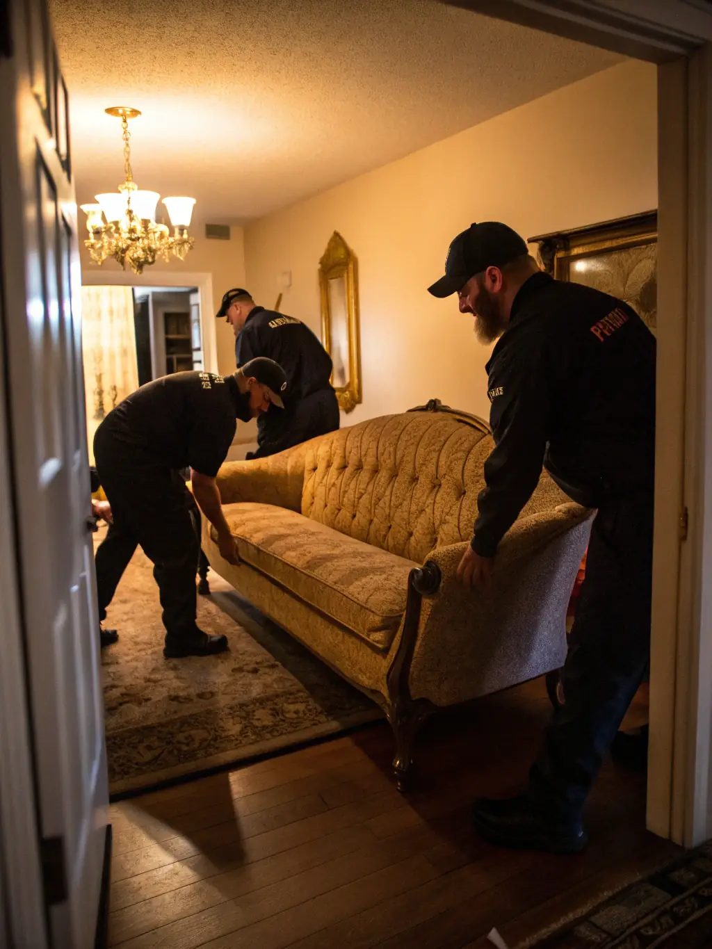Image of a team removing old furniture from a living room, emphasizing care and efficiency.