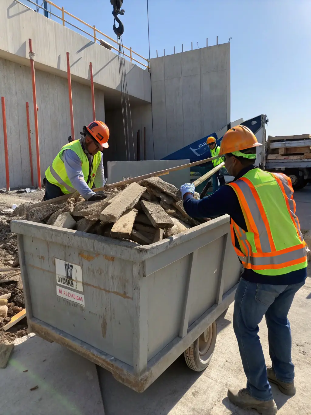 A close-up of construction debris being loaded into a Hual Junk Removal truck at a commercial construction site.