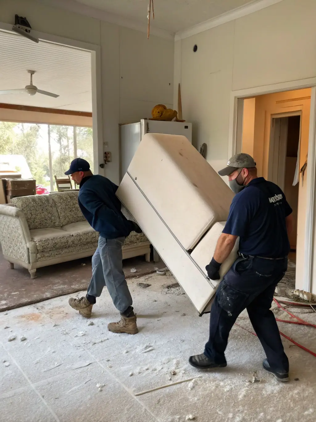 A team from Hual Junk Removal removing old appliances and equipment from a restaurant kitchen.